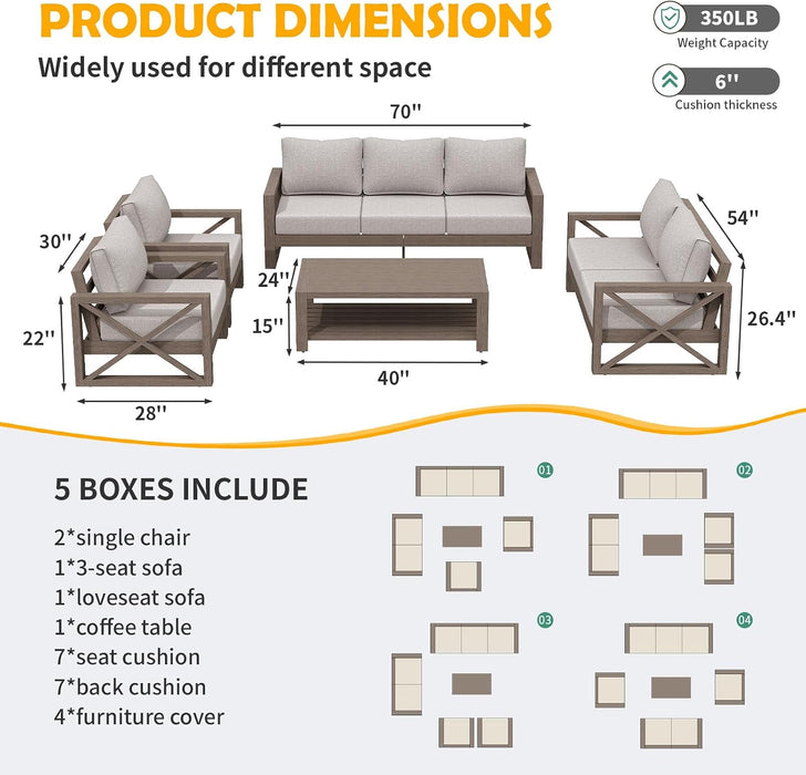 Aluminum Patio Furniture Set, 8 Pieces Modern Metal Outdoor Furniture, Faux Wood Grain Finish Frame Patio Sofa Sets with 6" Cushion for Backyard, Beige (Included Waterproof Covers)