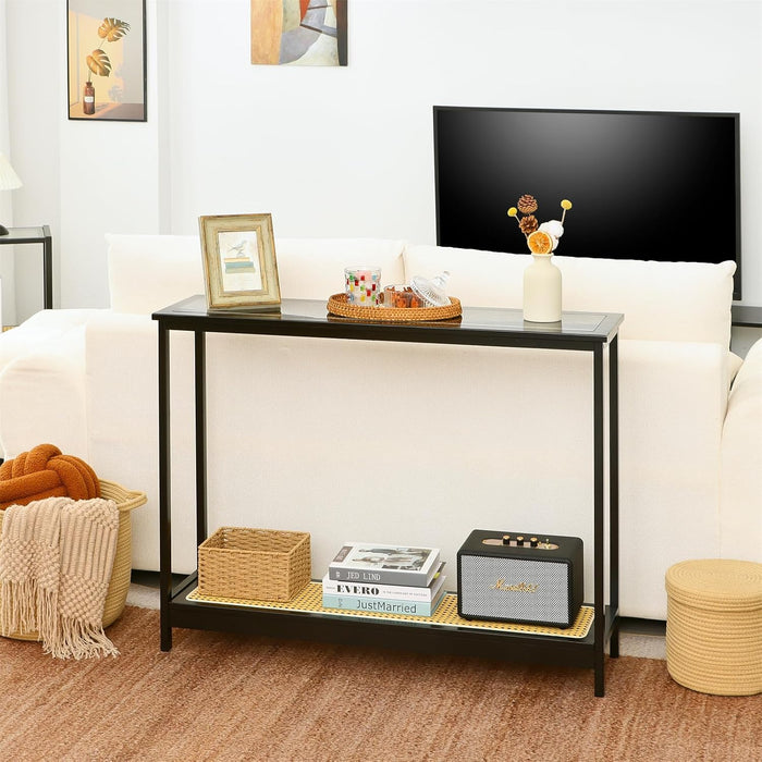 Bamboo Narrow Console Table, 39.4"(L) Wood Small Entryway Table with Rattan and Glass, Accent Slim Hallway Tables, Thin Sofa Side Tables for Hallway, Living Room, Bedroom, Foyer, Black