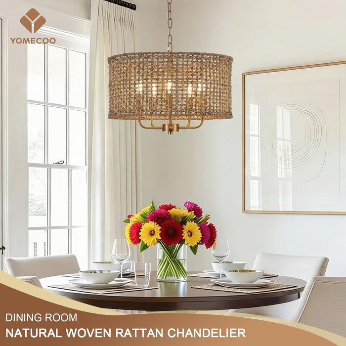 Golden Handwoven Rattan Drum Chandelier Dining Room