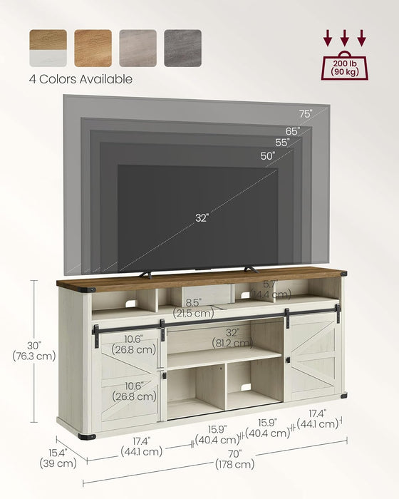 TV Stand for Tvs up to 75 Inches, Farmhouse Entertainment Center with Sliding Barn Doors, Console Table for Living Room, Rustic White and Honey Brown ULTV323W02