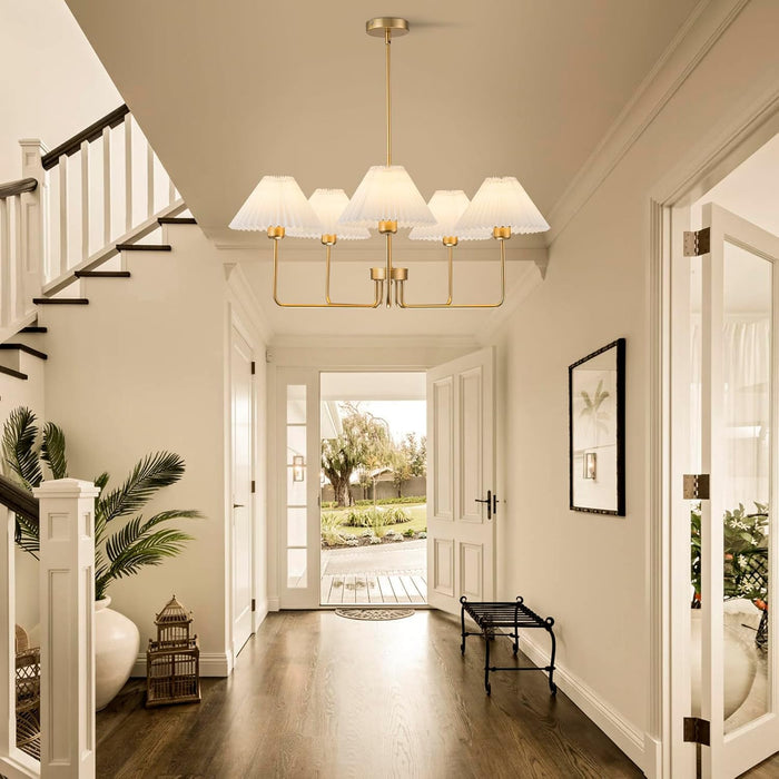 5-Light Gold Chandelier,Mid Century Modern Dining Room Light Fixtures with White Pleated Fabric Shades, Chandeliers Lighting Fixtures for Kitchen Island above Dining Table,Height Adjustable