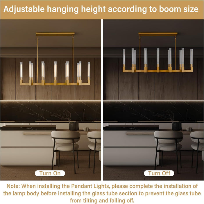 Glass Tube Chandelier Gold Rectangular Dining Pendant