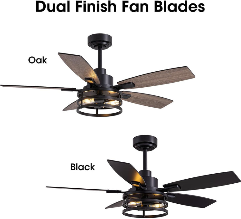 46 Inch Ceiling Fans with Lights and Remote Control, Farmhouse Ceiling Fan for Bedroom Living Room and Patio, Black Caged Ceiling Fan for Indoor and Outdoor