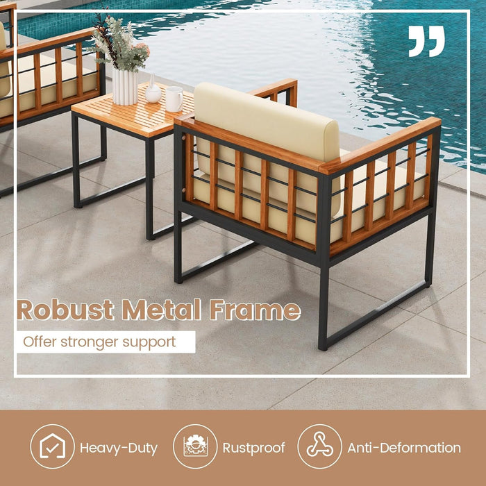 3 Pieces Patio Chair Set, Acacia Wood Outdoor Sofa Set with Metal Support, Soft Seat & Back Cushions Included, Cushioned Bistro Set for Balcony, Porch, Backyard (Beige)