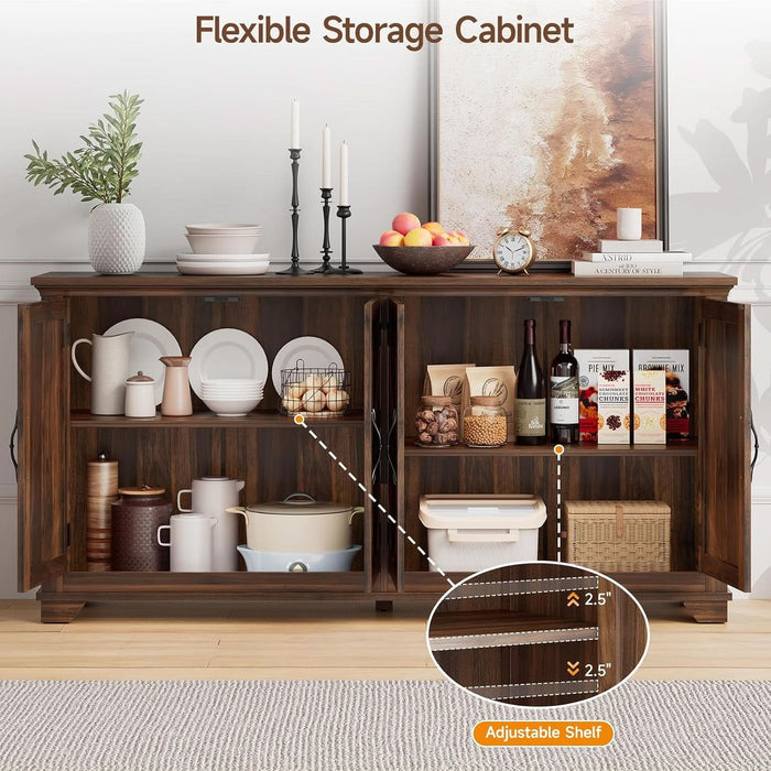 63 Inch Buffet Cabinet with Storage, 4 Carved Doors, Brown