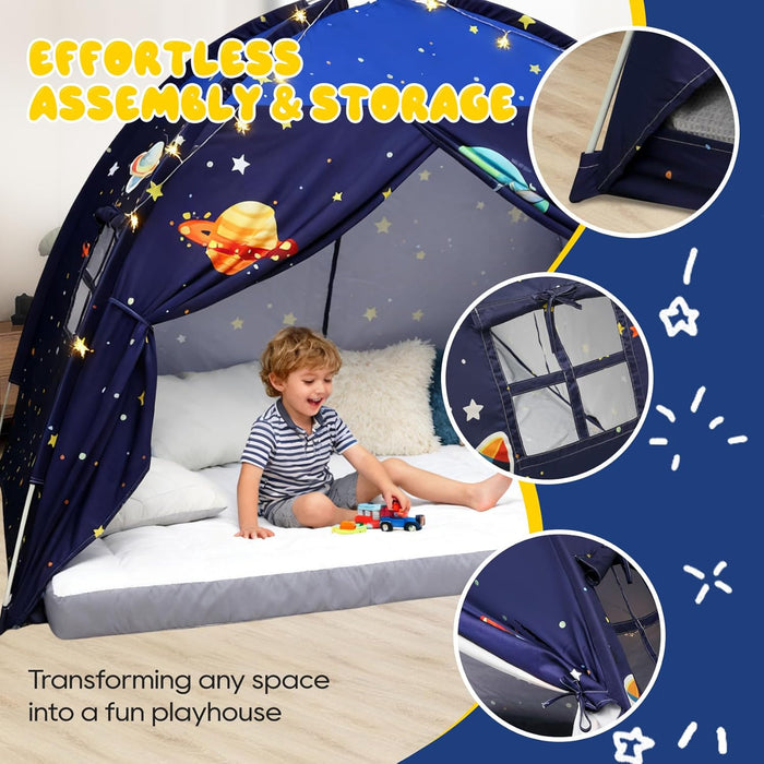 Twin Bed Tent Canopy, Space Indoor Blackout Privacy Toddler Bed Tent for Kids with Light, Portable Sleeping Floor Kids Playhouse (Blue)