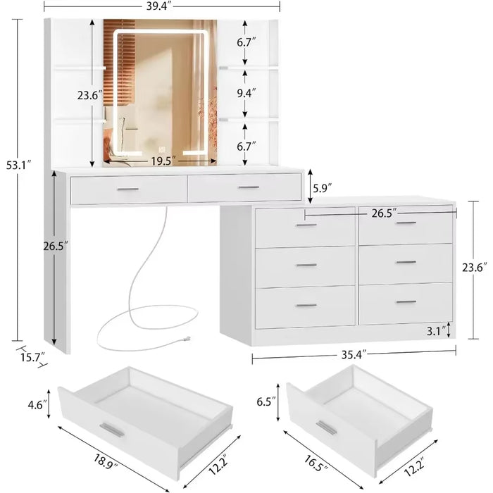 Vanity Desk with LED Lighted Mirror Power Outlet, Makeup Vanity Table with 8 Drawers & Open Shelves, Dressing Table for Bedroom