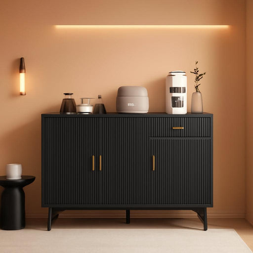 Sideboard Buffet Cabinet with Drawers: 47" Black Fluted Sideboard Cabinet with Storage, Modern Dining Room Cabinets Storage, Credenzas for Living Room(47")