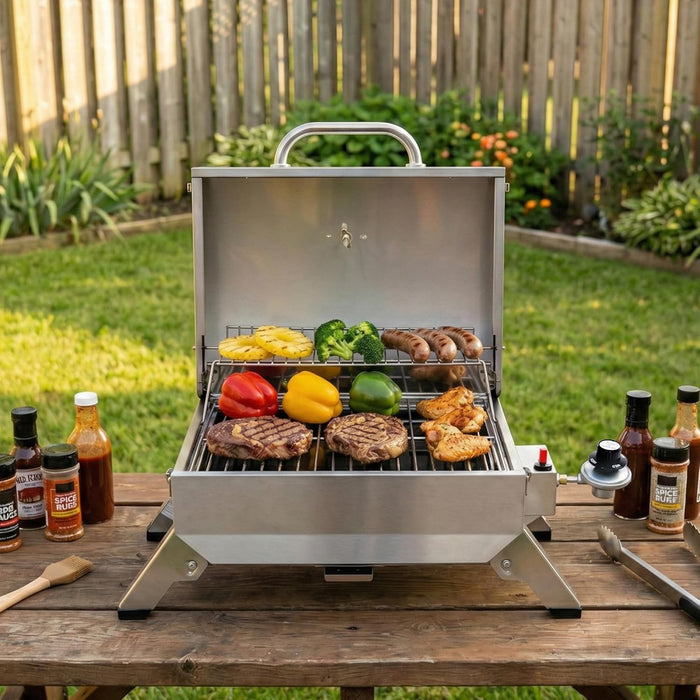 GT1001 Stainless Steel Portable Grill, 10000 BTU BBQ Tabletop Gas Grill with Folding Legs and Lockable Lid, Outdoor Camping, Deck and Tailgating, Silver