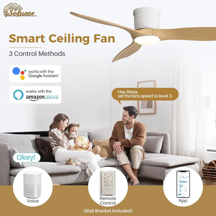 52 Inch Smart Ceiling Fan with Lights, Modern Low Profile Flush Mount Ceiling Fan with 6500CFM, Compatible with Alexa/Google/App, 3 ABS Blade, Dimmable Timer Reversible DC Motor, ETL, ABS