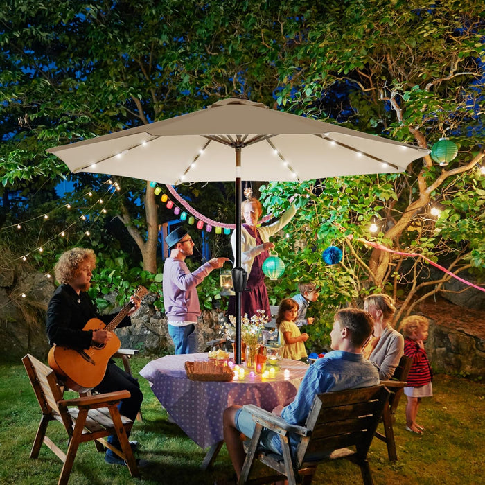 9' round Patio Umbrella with 32 Solar Powered LED Lights, Push-Button Tilt and Hand Crank Lift, Solar Umbrella in Taupe for Porch, Deck, and Patio by