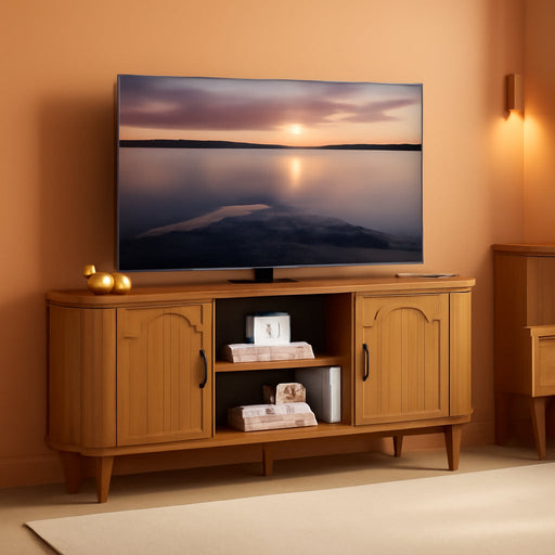 51" Fluted TV Stand, Mid-Century Modern Entertainment Center for Tvs up to 60" with Drawers and Fluted Doors, Curved TV Media Console Table with Sliding Doors for Living Room, Bedroom (51")