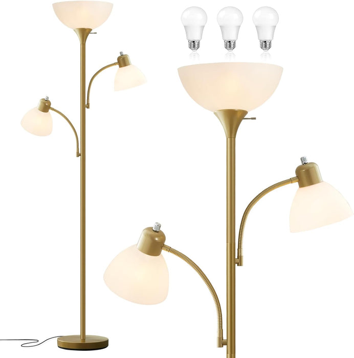 Floor Lamps for Living Room, 72" Tall Standing Lamps, Torchiere Lamp with 8W Adjustable Reading Lights, Modern Bright Floor Lamp for Bedroom, Office, Dresser, Gold&White, Bulbs Included