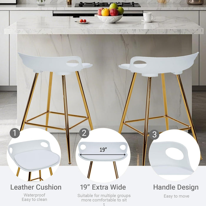 Bar Stools Set of 2, Gold Bar Stools, Counter Height Stools with Leather Padded Seats and Footrests, 26 Inch White Barstools for Kitchen Island, Farmhouse or Home Bar
