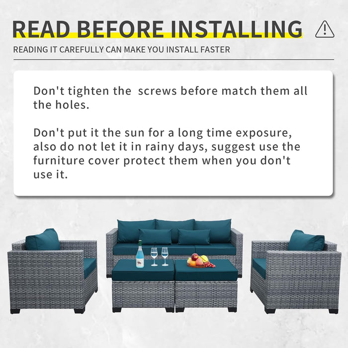 5-Piece Patio Furniture Set, Outdoor Conversation Set with PE Wicker Couch, Chairs, and Ottomans, All-Weather Grey Rattan with Anti-Slip Cushions for Backyard, Balcony, and Deck, Peacock Blue