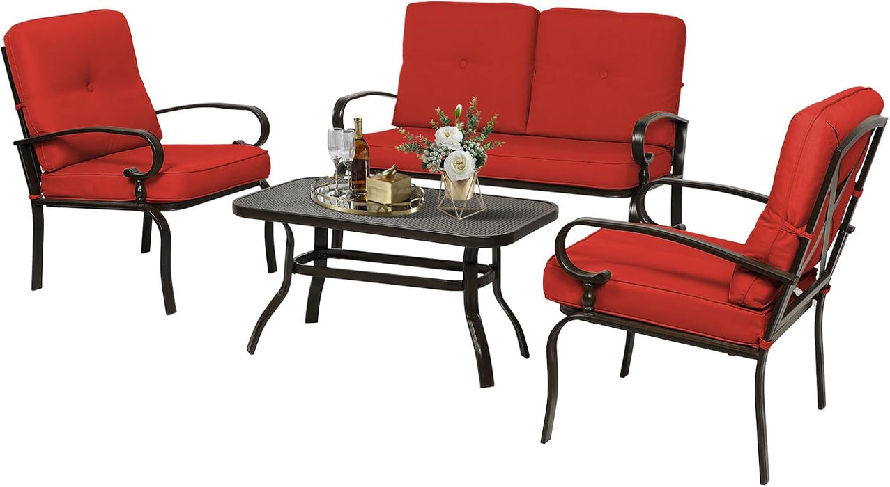 4Pcs Metal Outdoor Furniture Patio Conversation Set (Loveseat and Coffee Table, 2 Dining Chair) -Wrought Iron Patio Chair Set with Cushions (Red)