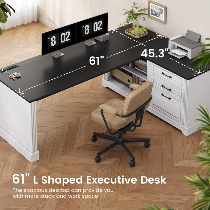 Farmhouse 61" Executive L Shaped Desk, Home Office Desk with File Drawers, Computer Desk with Power Outlets and Storage Shelves for Home Office, White