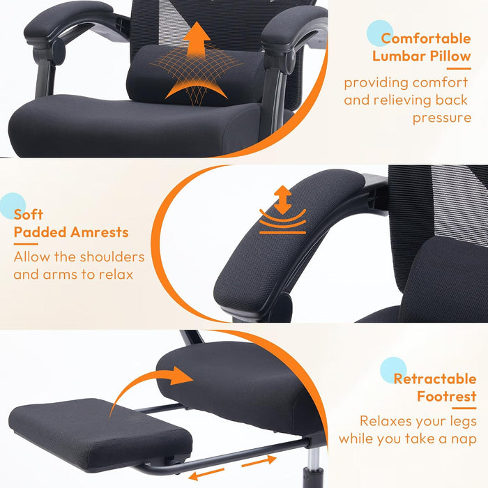 Desk Chair with Foot Rest, High-Back Mesh Office Chair with Wheels, Black