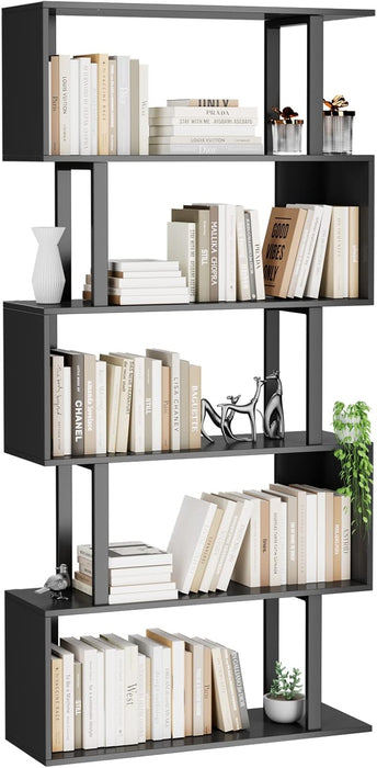 5-Tier Tall Bookshelf, S-Shaped Book Shelf Unit, Black