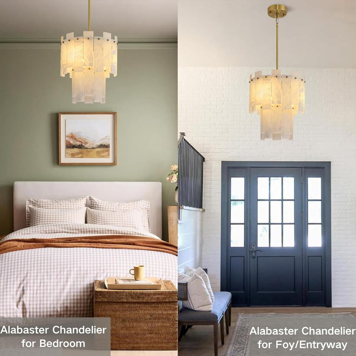 Alabaster round Chandelier, 2-Tier Spanish Alabaster Chandeliers, Warm White, 13" Modern Small Gold Marble Pendant Chandeliers for Foyer, Kitchen Island, Dining Room, Bedroom