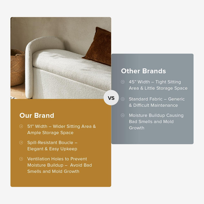 Sophie 51" Ottoman Storage Bench, Entryway and Window Seating, End of Bed Curved Stool for King & Queen Bed, Storage Chest for Bedroom (Pearl White Boucle)