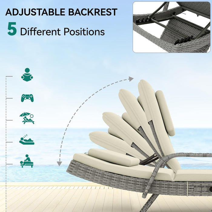 Patio Chaise Lounge Chair Set of 4, Wicker Chaise Lounge Outdoor Rattan Reclining Chair with Armrests/Pull-Out Cup Holder/5-Position Backrest/Cushion & Headrest-Beige