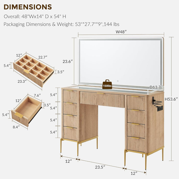 48" Fluted Makeup Vanity Desk with 48" Large Mirror and HD Lights, Modern Vanity Table with 9 Drawers & Charging Station, Glass Top and Golden Handles Dressing Table for Bedroom,Natural Oak