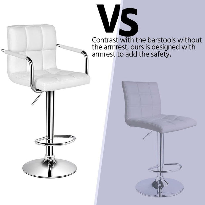 Bar Stools Set of 2, PU Leather Adjustable Swivel Barstools, Hydraulic Kitchen Counter Height Bar Chairs with Armrest and Back for Bar, Kitchen, Dining Room, White