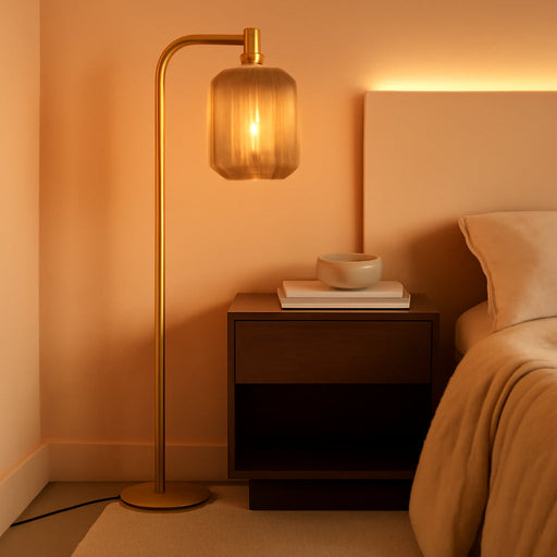 Glass Floor Lamps for Living Room, Vintage Gold Standing Lamp with LED Bulb, Amber Stripe Glass Shade, Foot Switch, Mid Century Modern Brass Tall Corner Lamp for Bedroom Office Reading Room