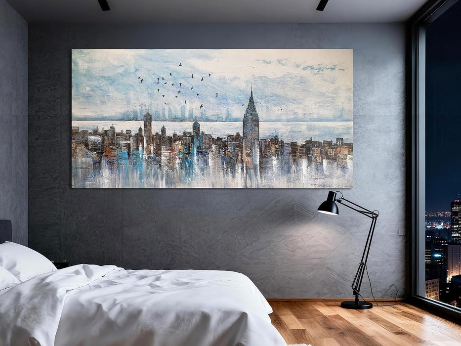 Cityscape Wall Art New York City Skyline Canvas Picture Living Room, Modern Abstract Grey NYC Painting Framed Artwork for Bedroom Home Office Mens Room Wall Decor, Extra Large 58"X29"