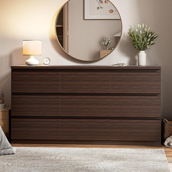 Modern 9 Drawer Dresser for Bedroom, Simply Chest of Drawers, Wood Storage Dresser with Deep Drawers for Living Room Hallway Entryway (Brown)