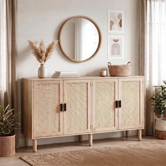 4 Door Sideboard Buffet Cabinet, Kitchen Storage Cabinet with Rattan Decorated Doors, Cupboard Console Table, Boho Accent Liquor Cabinet for Home Bar, 62.3X 15.7X 34.6 Inches, Natural