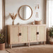 4 Door Sideboard Buffet Cabinet, Kitchen Storage Cabinet with Rattan Decorated Doors, Cupboard Console Table, Boho Accent Liquor Cabinet for Home Bar, 62.3X 15.7X 34.6 Inches, Natural