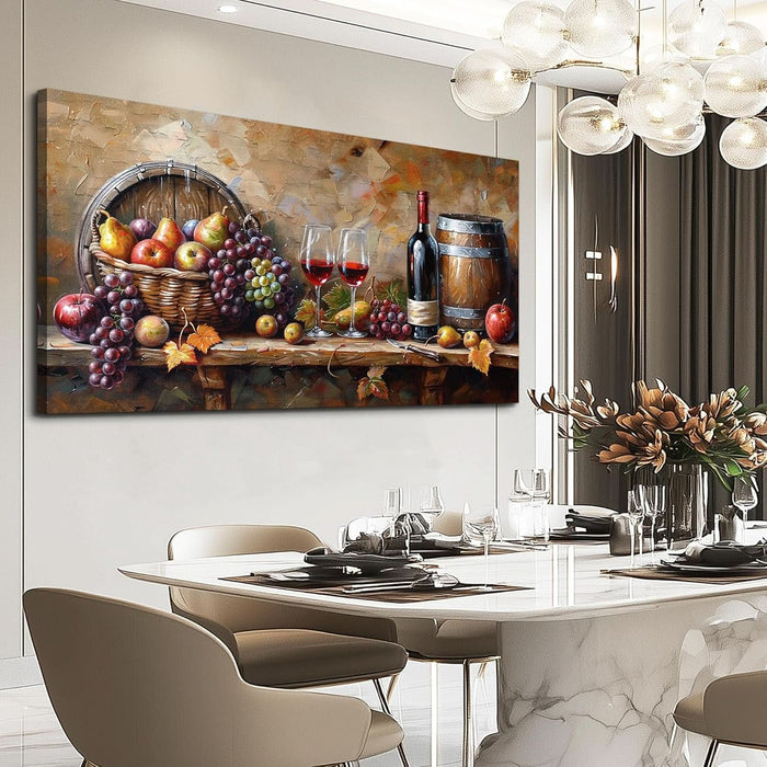 Kitchen Wall Art Grape Barrel Painting Red Wine Glass Fruit Artwork Prints for Dinning Room Bar Canvas Wall Decor for Living Room Food Still Life Abstract Picture Home Decoration 20X40In