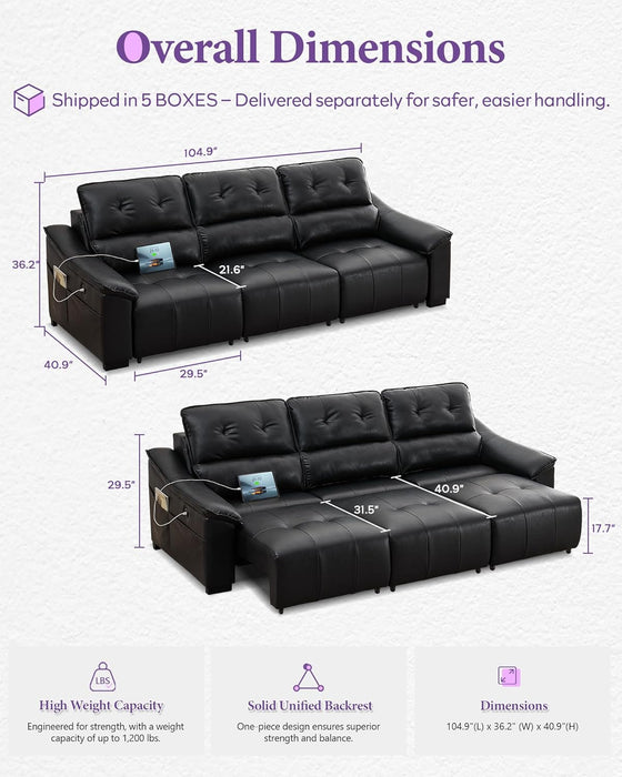 Electric Reclining Sectional Couch, Power Recliner Sofa W/Usb & Type-C Charging Ports and Cup Holders, Leather Reclining Sofa for Living Room, Home Theater