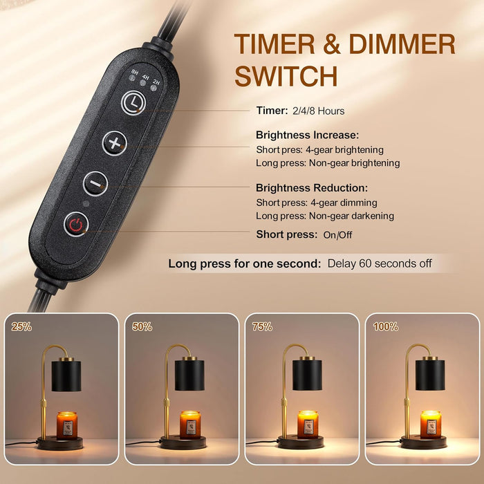 Candle Warmer Lamp with Timer & Dimmer, Height Adjustable Electric Wax Melt Warmer for Jar Candles, Gifts for Mom Home Decor, Black Gold
