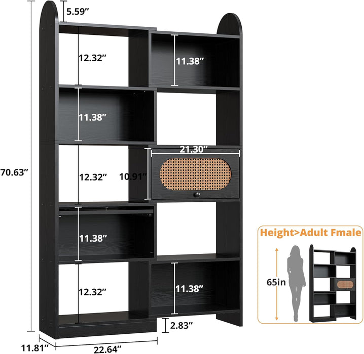 Bookshelf and Bookcase with 2 Rattan Design Flip-Top Storage Cabinets, 6 Tier 8 Cube Bookcases Storage Shelves Organizer for Living Room, 43.3" Black