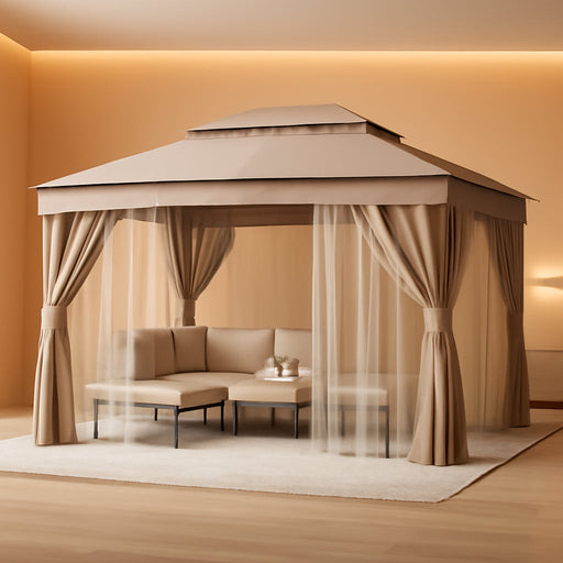 Patio Gazebo 10'X13', Outdoor Heavy Duty Party Tent Shelter with Double Roofs, Mosquito Nettings and Privacy Screens for Backyard, Garden, Lawn, Khaki