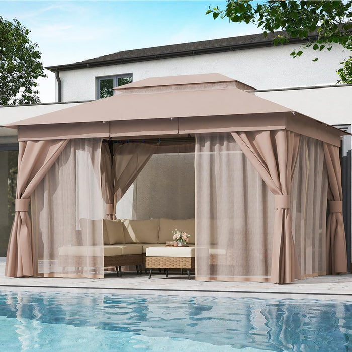 Patio Gazebo 10'X13', Outdoor Heavy Duty Party Tent Shelter with Double Roofs, Mosquito Nettings and Privacy Screens for Backyard, Garden, Lawn, Khaki