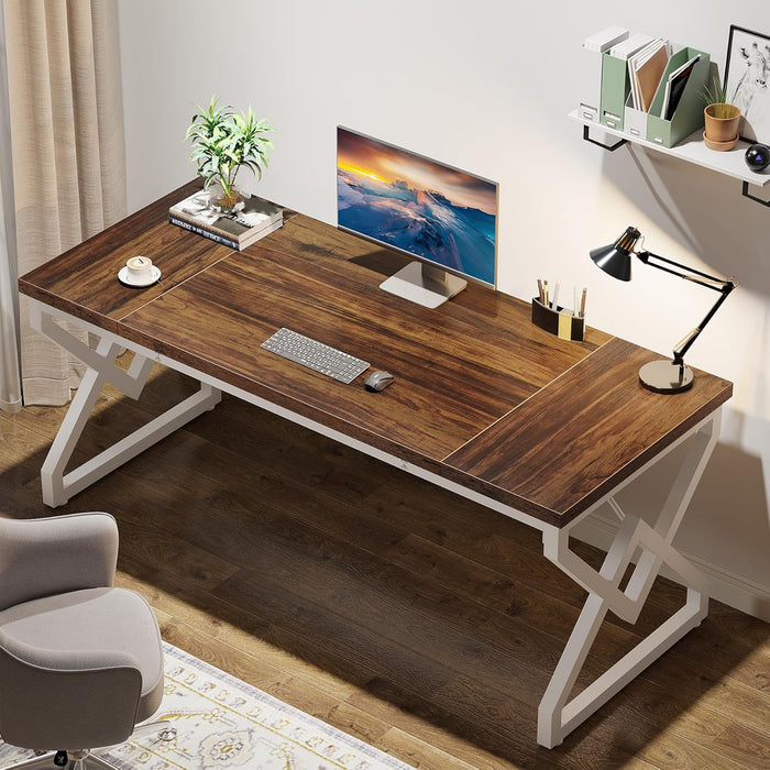 63 Inch Executive Desk, Large Office Desk with Metal Frame, Ergonomic Writing Desk Computer Workstation, Modern Wood Computer Desk for Home Office, Easy Assembly (Brown+White)