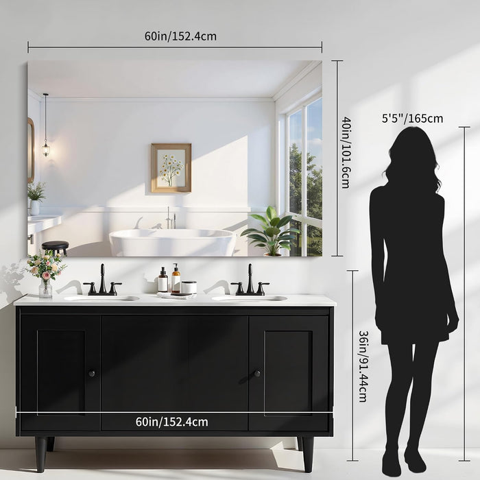 Frameless Mirror, 60"X40" Bathroom Mirror for over Sink, Upgraded Shatterproof, Large Rectangle Unframed Mirror for Wall, Bathroom, Bedroom, Living Room, Entryway, Hang Horizontal/Vertical