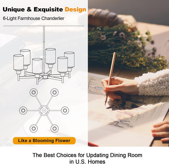 Black Chandeliers, 6 Light Dining Room Light Fixtures over Table, Farmhouse Chandeliers for Dining Room with Clear Glass Shade for Kitchen Island Living Room Bedroom Bathroom, Height Adjustable