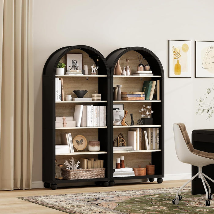 64" Tall Black Arched Bookcase, 5 Tiers Arch Bookshelf with Open Display Shelves, Wood Farmhouse Bookshelf with Storage,College Dorm Room Essential,Modern Book Shelf for Office, Study