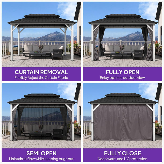 8' X 12' Hardtop Gazebo Metal Double Roof White Aluminum Frame Outdoor Heavy Duty Gazebo with Curtain and Netting for Patio Garden and Backyard, Grey