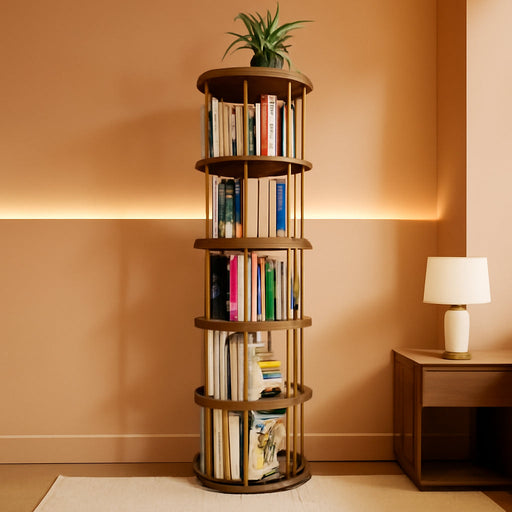5 Tier Rotating Bookshelf Tower, Revolving Bookcase, 360° round Spinning Book Shelf, Narrow Swivel Bookshelves Vertical Turning Corner Bookshelf Organizer for Bedroom, Living Room, Gold & Brown