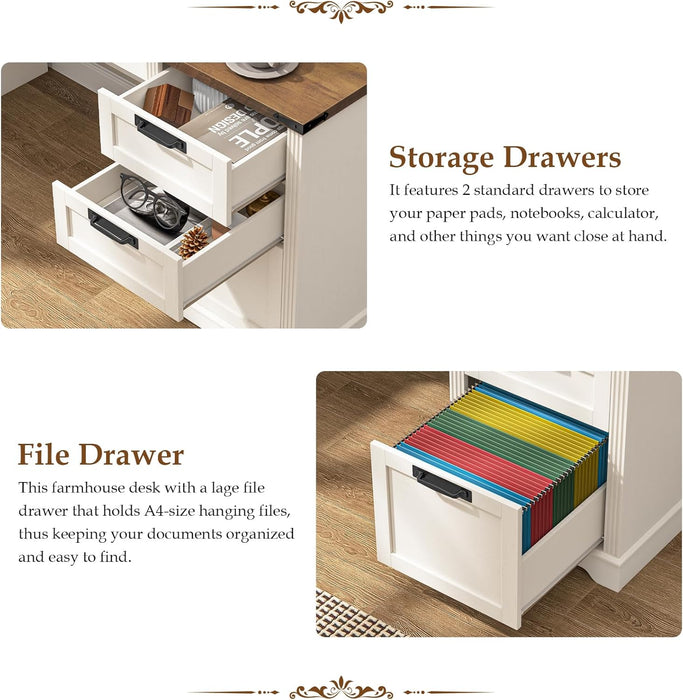 55" Farmhouse Executive Desk with 3 Drawers, Wooden Computer Desk with Keyboard Tray, Home Office Desk with File Drawer (Fits A4 Size) for Work and Study, White and Brown