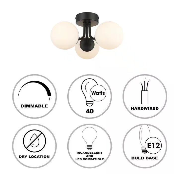 16 In. 3-Light Black Flush Mount Ceiling Light with Glass Globe Shades