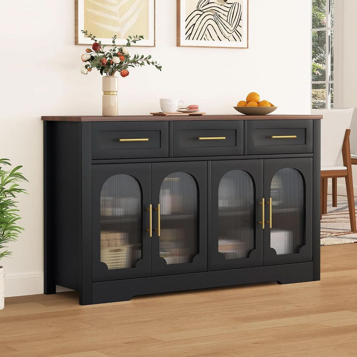55" Sideboard Buffet Cabinet with Storage, Black Wood Coffee Bar