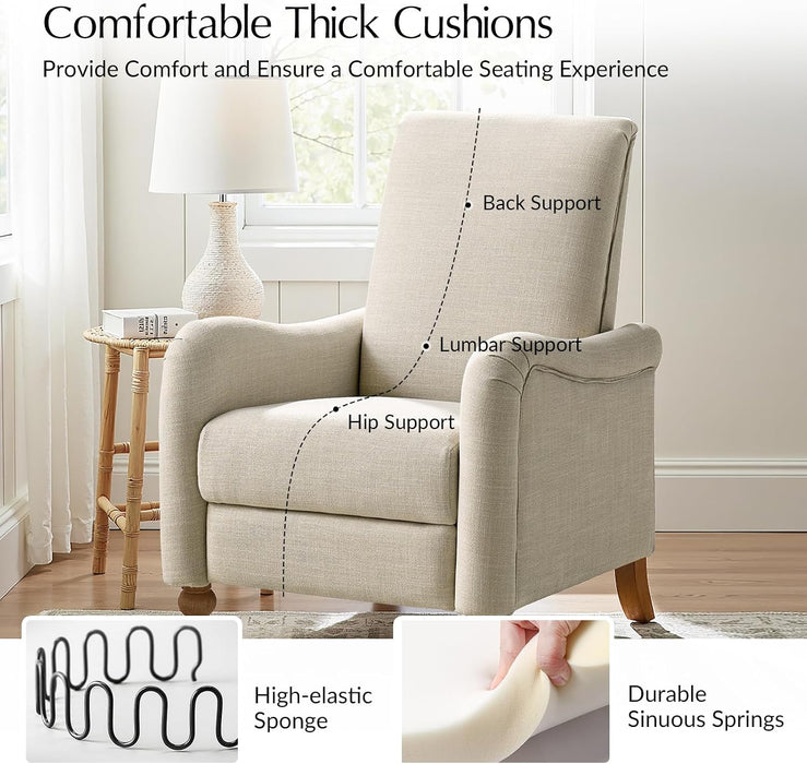 Farmhouse Curved Recliner Chair with Spindle Legs, Linen