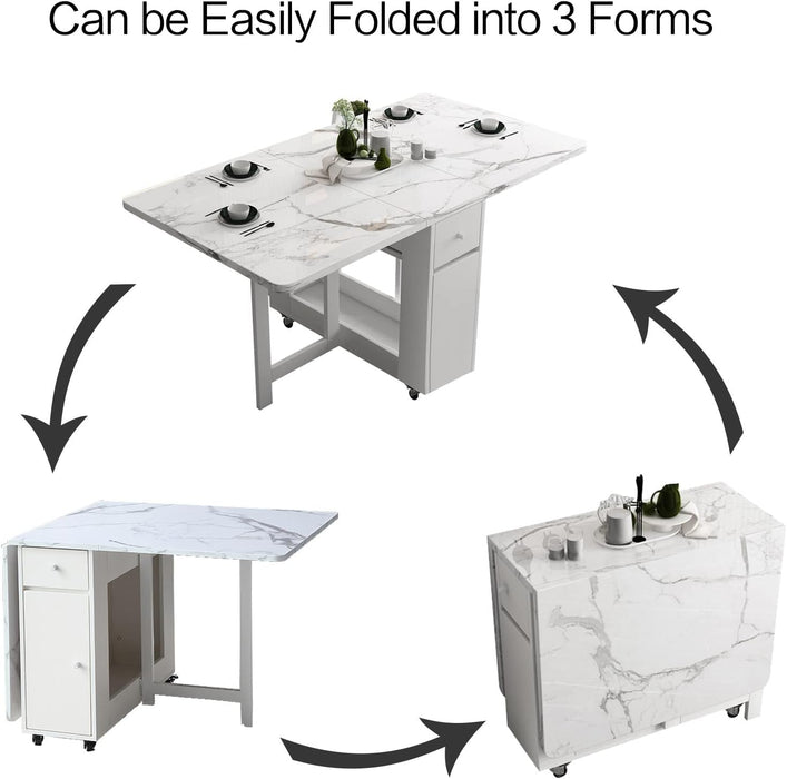 Folding Dining Table with Storage, Kitchen Table for Small Spaces | Foldable, Drop Leaf, Movable, 4 Wheels, Space Saving, Extendable, Marble Texture Top, for Apartment Kitchen Living Room White